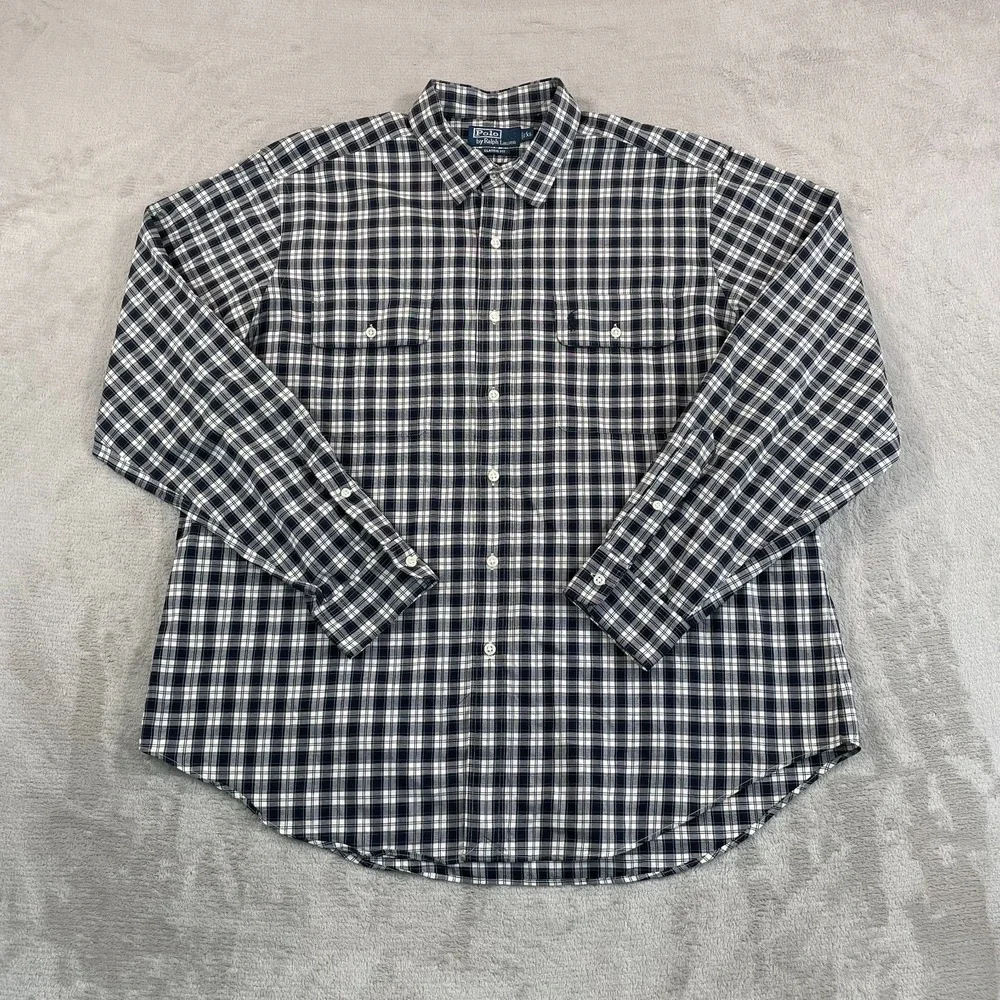 Vintage Polo Ralph Lauren Shirt Men XL Black Plaid Double Flap Pocket‎ Pony Work